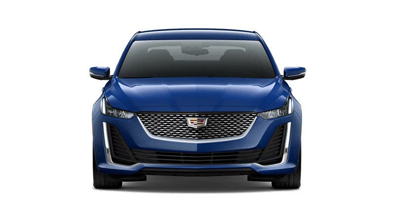 Front view of a blue Cadillac SUV showcasing its sleek design