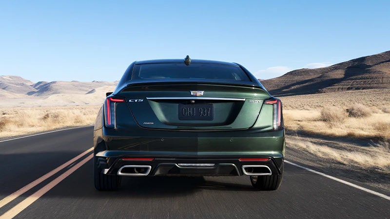 A green Cadillac SUV seen from the rear.